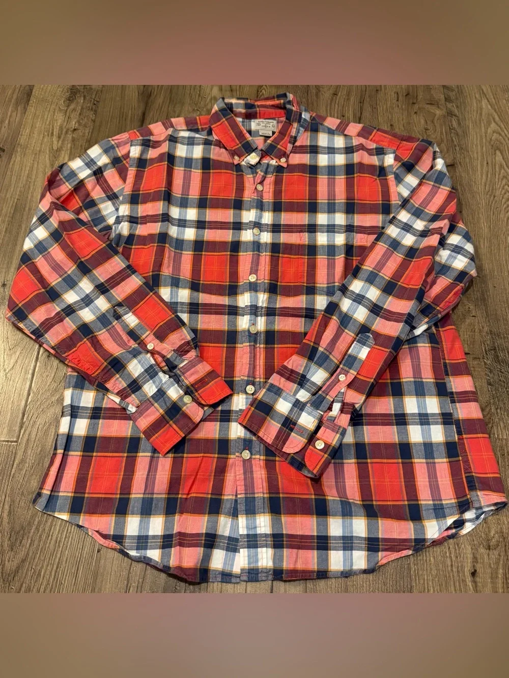 EUC J.Crew Men's Red & Navy Plaid Button-Down Shirt - Large